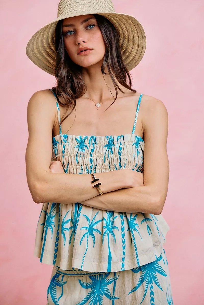 SO ME Palm Tree Smocked Bodice Adjustable Cami Top - Bitsy Gypsy Boutique