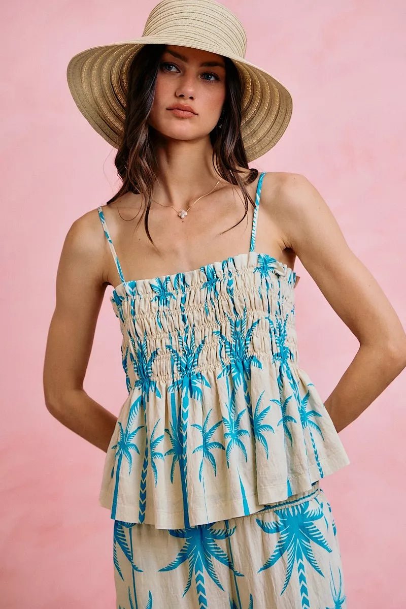 SO ME Palm Tree Smocked Bodice Adjustable Cami Top - Bitsy Gypsy Boutique