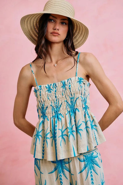 SO ME Palm Tree Smocked Bodice Adjustable Cami Top - Bitsy Gypsy Boutique