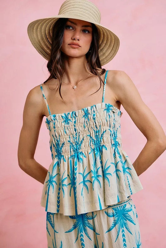 SO ME Palm Tree Smocked Bodice Adjustable Cami Top - Bitsy Gypsy Boutique