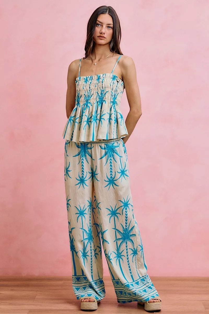 SO ME Palm Tree Smocked Bodice Adjustable Cami Top - Bitsy Gypsy Boutique