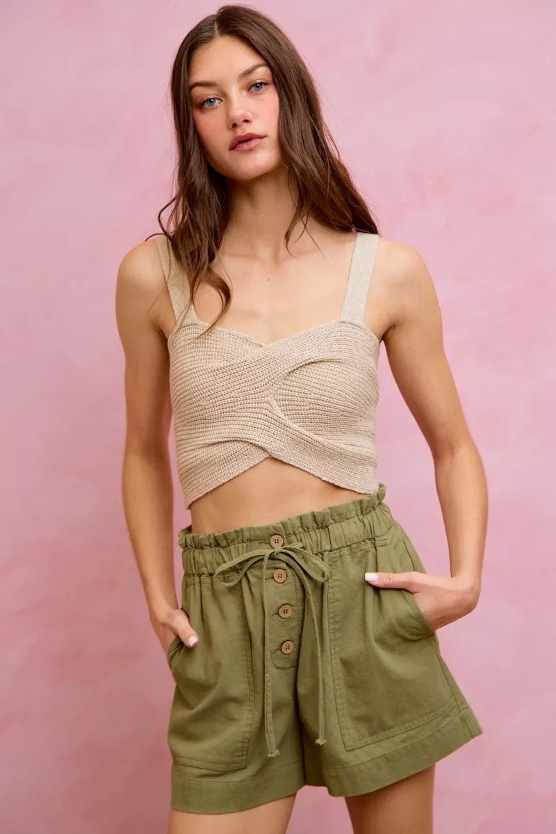 SO ME Paper Bag Patch Pocket Drawstring Twill Shorts - Bitsy Gypsy Boutique