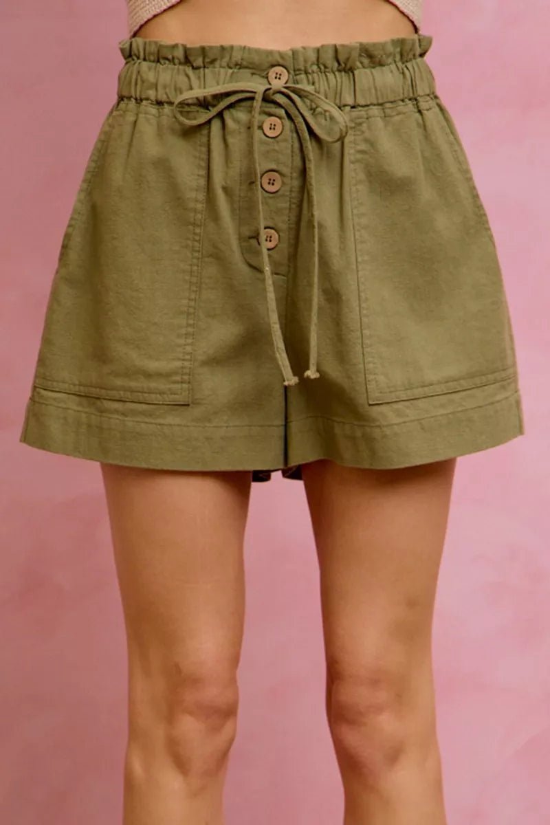SO ME Paper Bag Patch Pocket Drawstring Twill Shorts - Bitsy Gypsy Boutique