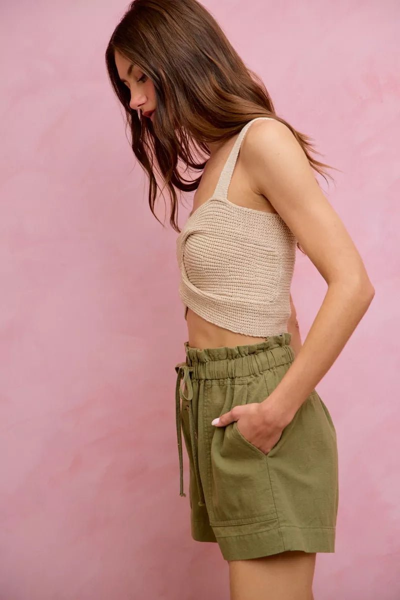 SO ME Paper Bag Patch Pocket Drawstring Twill Shorts - Bitsy Gypsy Boutique