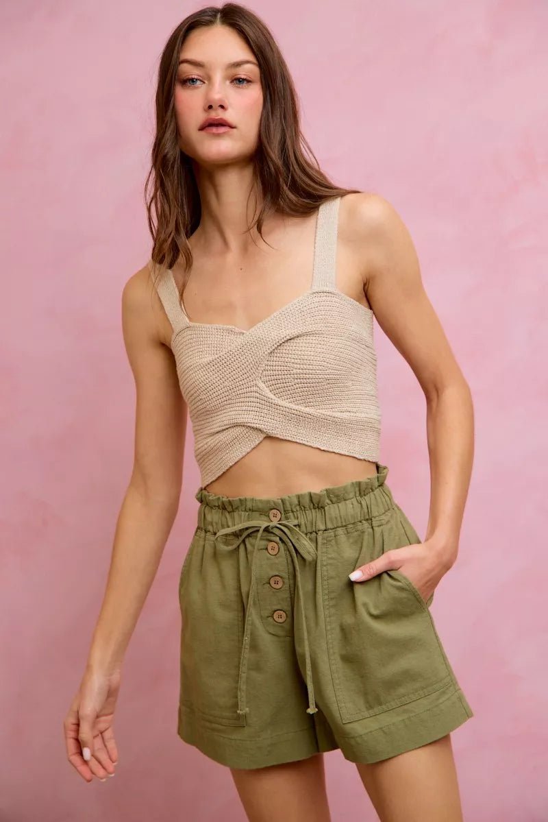 SO ME Paper Bag Patch Pocket Drawstring Twill Shorts - Bitsy Gypsy Boutique