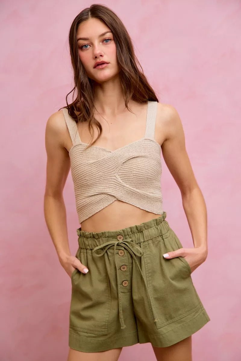 SO ME Paper Bag Patch Pocket Drawstring Twill Shorts - Bitsy Gypsy Boutique