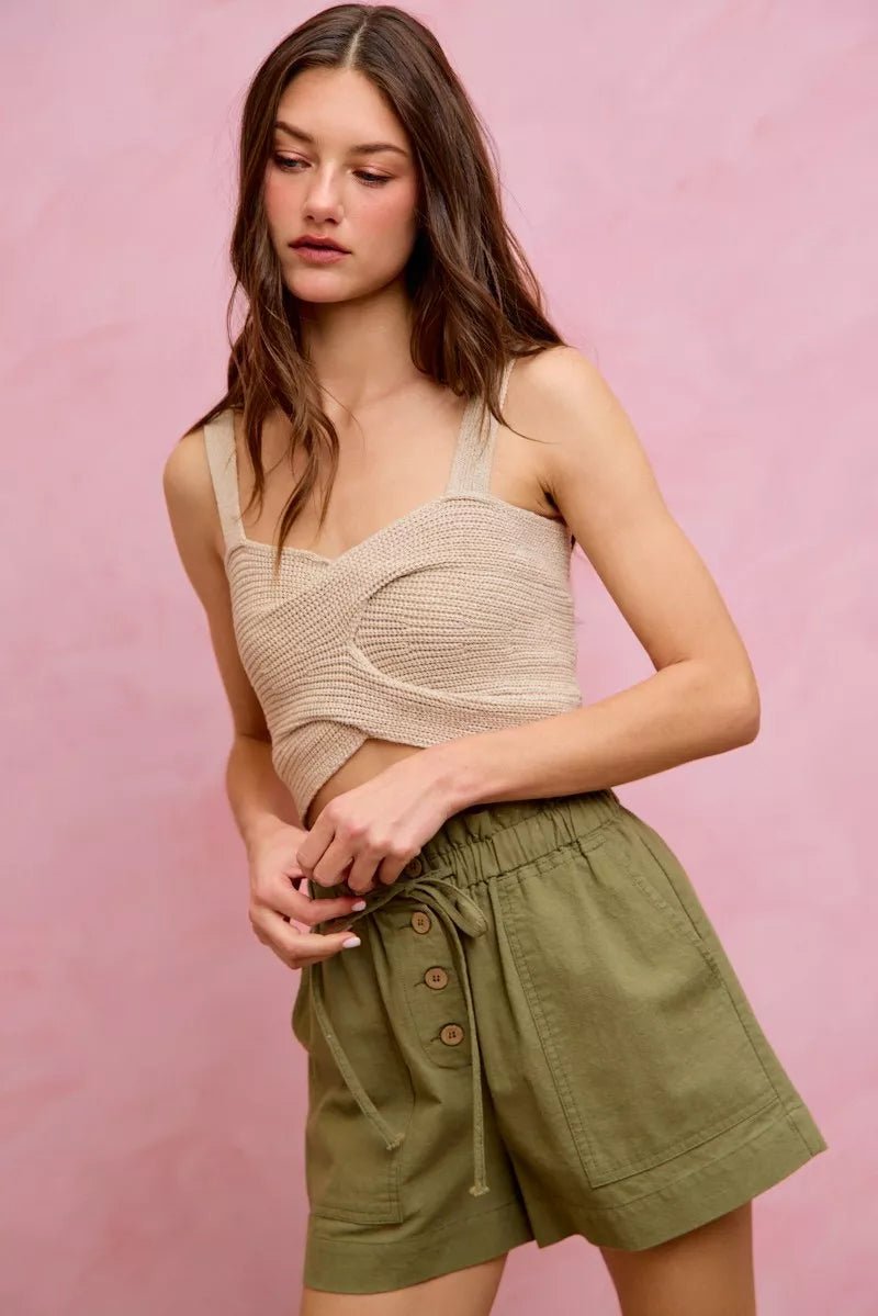 SO ME Paper Bag Patch Pocket Drawstring Twill Shorts - Bitsy Gypsy Boutique