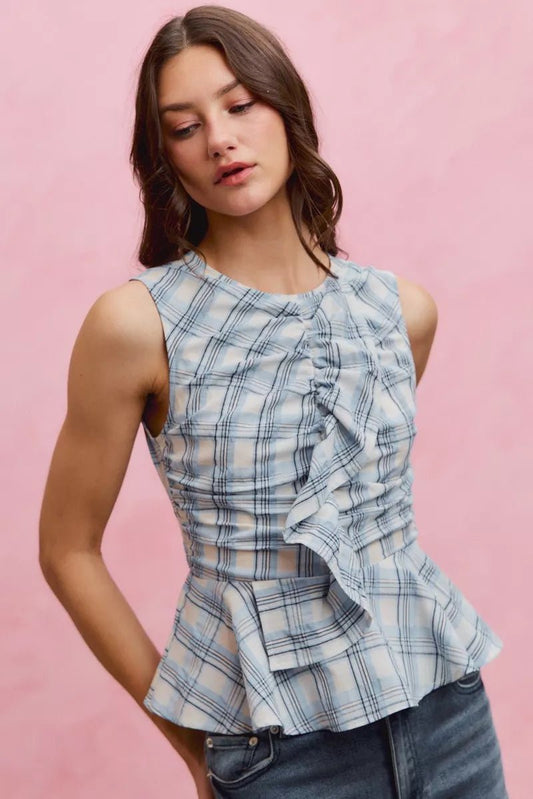 SO ME Plaid Sleeveless Ruffle Peplum Top - Bitsy Gypsy Boutique