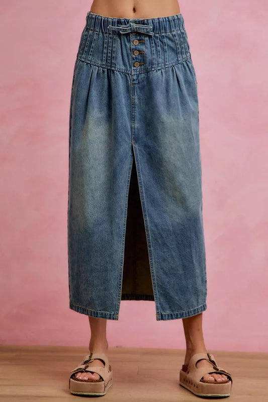 SO ME Pleated Washed Denim Skirt With Front Slit - Bitsy Gypsy Boutique