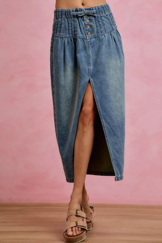 SO ME Pleated Washed Denim Skirt With Front Slit - Bitsy Gypsy Boutique
