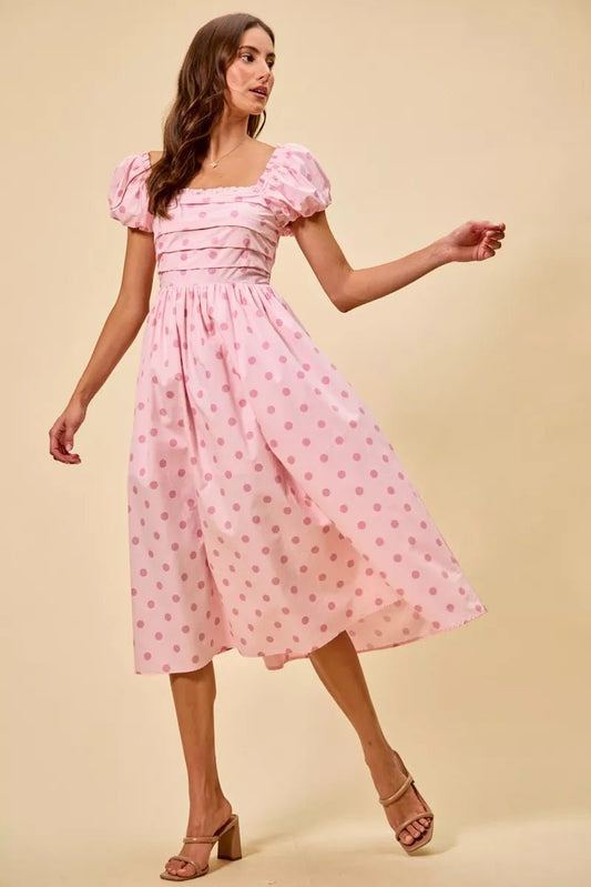 SO ME Polka Cotton Print Short Sleeves Midi Dress - Bitsy Gypsy Boutique