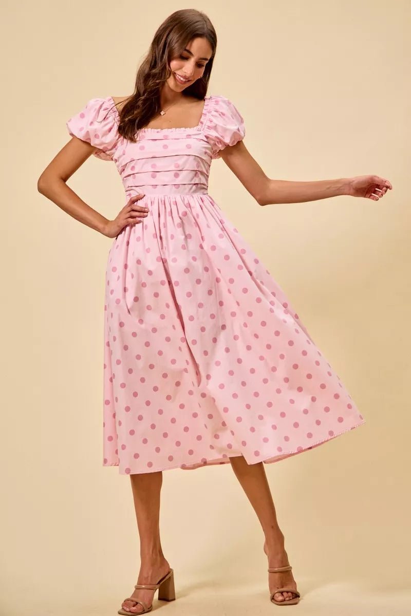 SO ME Polka Cotton Print Short Sleeves Midi Dress - Bitsy Gypsy Boutique