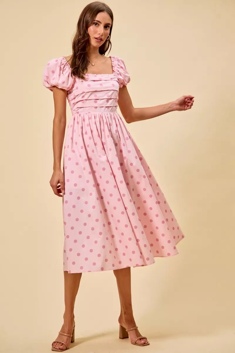 SO ME Polka Cotton Print Short Sleeves Midi Dress - Bitsy Gypsy Boutique