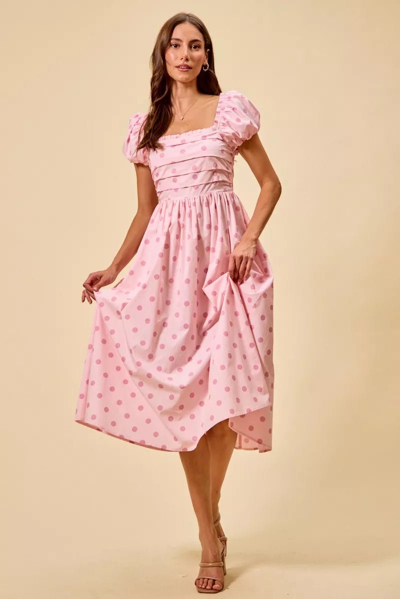 SO ME Polka Cotton Print Short Sleeves Midi Dress - Bitsy Gypsy Boutique