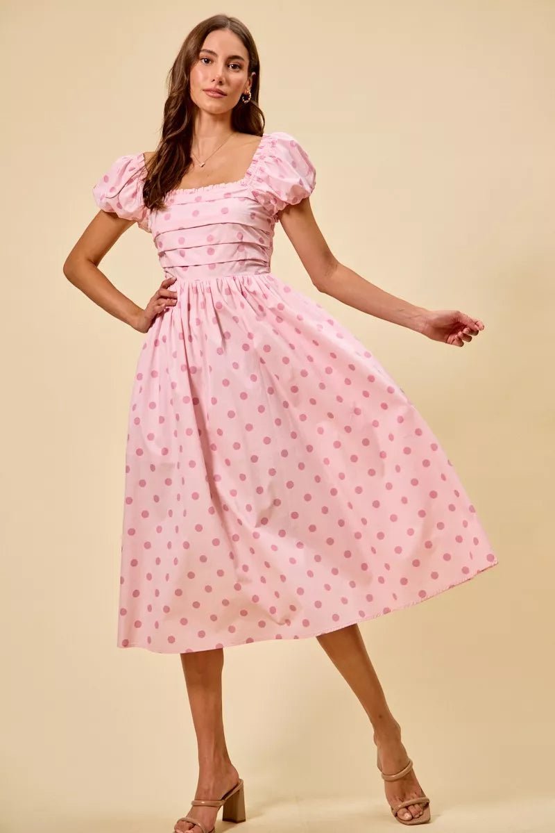 SO ME Polka Cotton Print Short Sleeves Midi Dress - Bitsy Gypsy Boutique