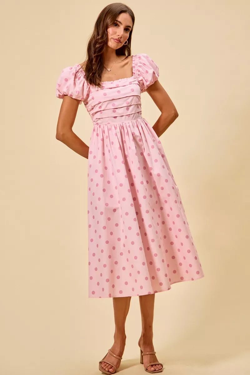 SO ME Polka Cotton Print Short Sleeves Midi Dress - Bitsy Gypsy Boutique