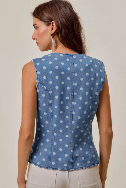SO ME Polka Dot Denim Scallop Edge Button Down Vest Top - Bitsy Gypsy Boutique