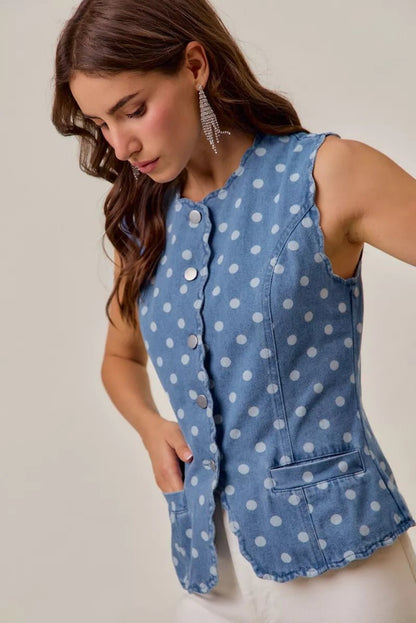 SO ME Polka Dot Denim Scallop Edge Button Down Vest Top - Bitsy Gypsy Boutique
