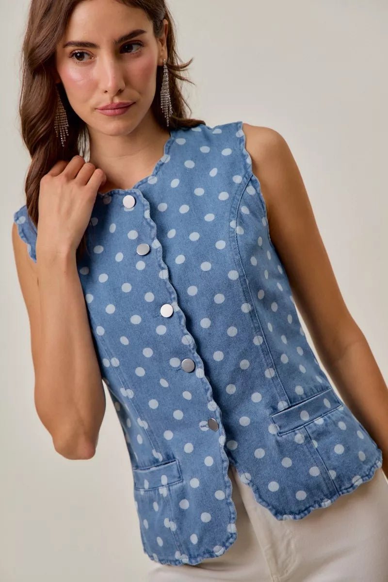 SO ME Polka Dot Denim Scallop Edge Button Down Vest Top - Bitsy Gypsy Boutique
