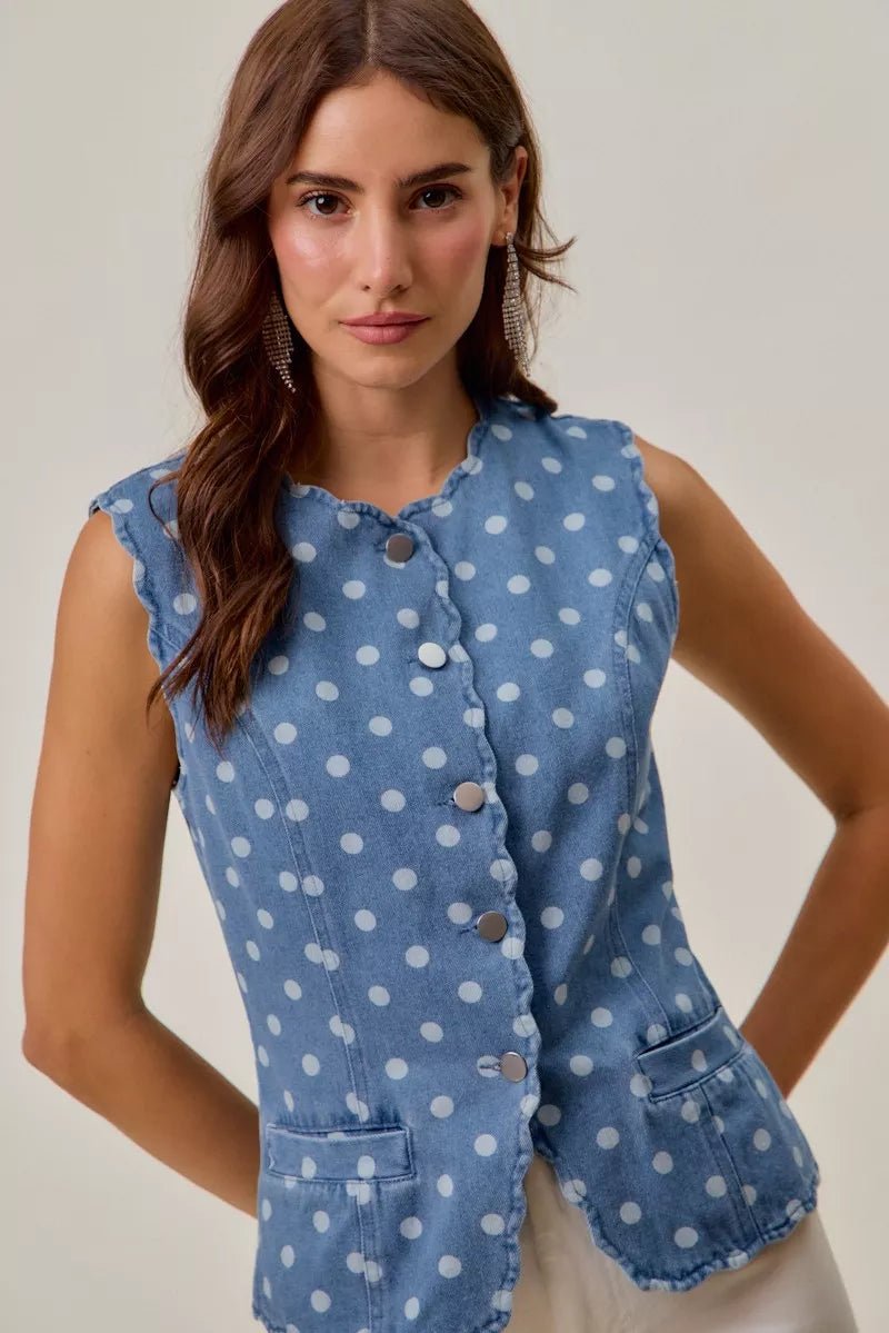 SO ME Polka Dot Denim Scallop Edge Button Down Vest Top - Bitsy Gypsy Boutique