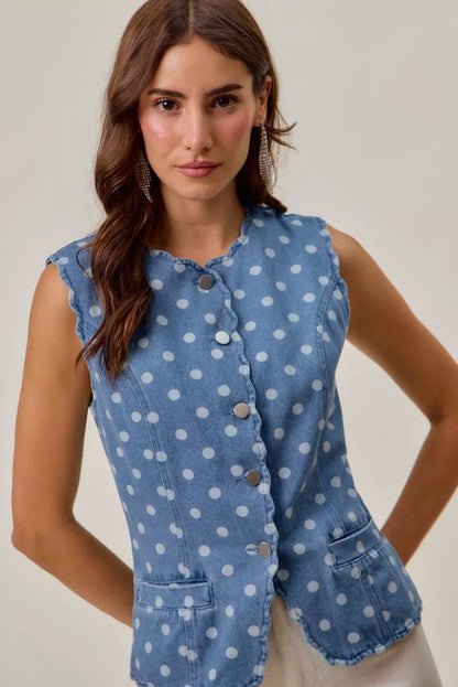 SO ME Polka Dot Denim Scallop Edge Button Down Vest Top - Bitsy Gypsy Boutique