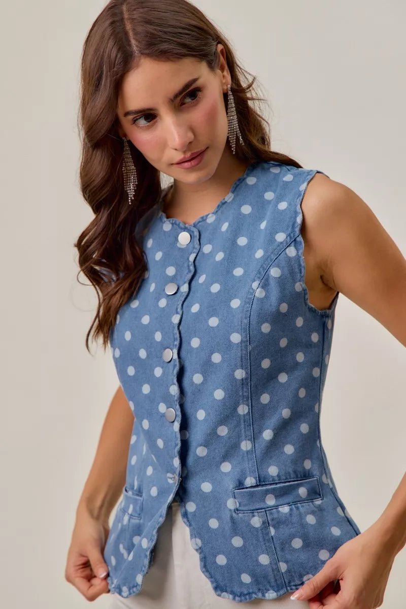 SO ME Polka Dot Denim Scallop Edge Button Down Vest Top - Bitsy Gypsy Boutique