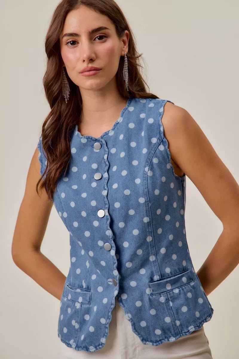 SO ME Polka Dot Denim Scallop Edge Button Down Vest Top - Bitsy Gypsy Boutique