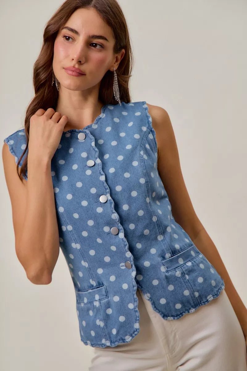 SO ME Polka Dot Denim Scallop Edge Button Down Vest Top - Bitsy Gypsy Boutique