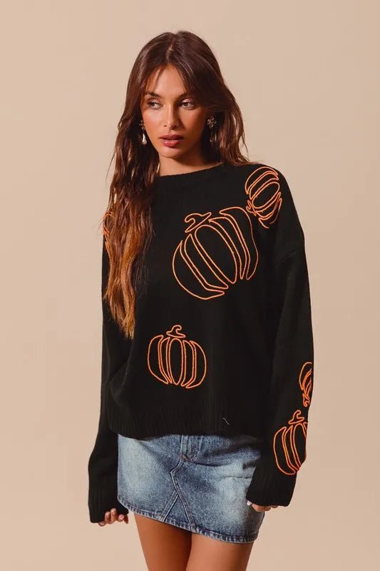 SO ME Pumpkin Embroidered Halloween Thanksgiving Sweater - Bitsy Gypsy Boutique