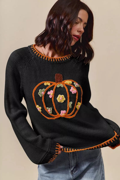 SO ME Pumpkin Floral Embroidered Thanksgiving Sweater - Bitsy Gypsy Boutique