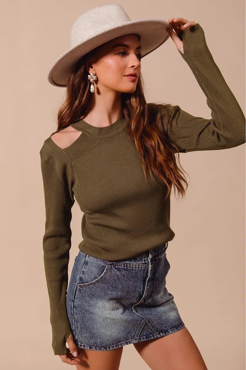SO ME Rib Knit Top with Shoulder Cut Out - Bitsy Gypsy Boutique