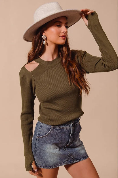 SO ME Rib Knit Top with Shoulder Cut Out - Bitsy Gypsy Boutique