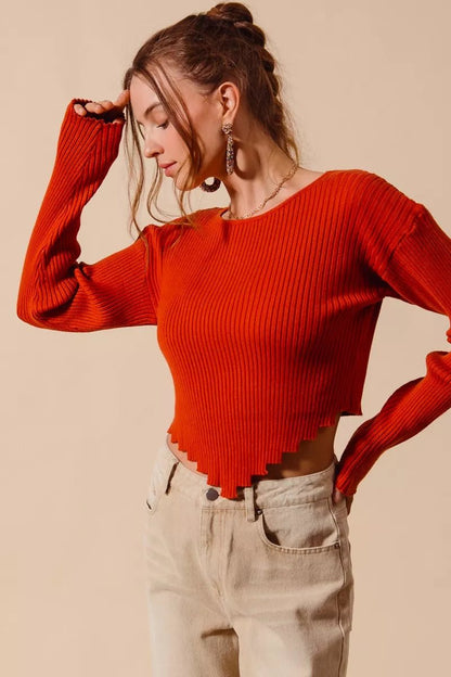SO ME Rib Knitted Crop Sweater Top With Shaped Hem - Bitsy Gypsy Boutique