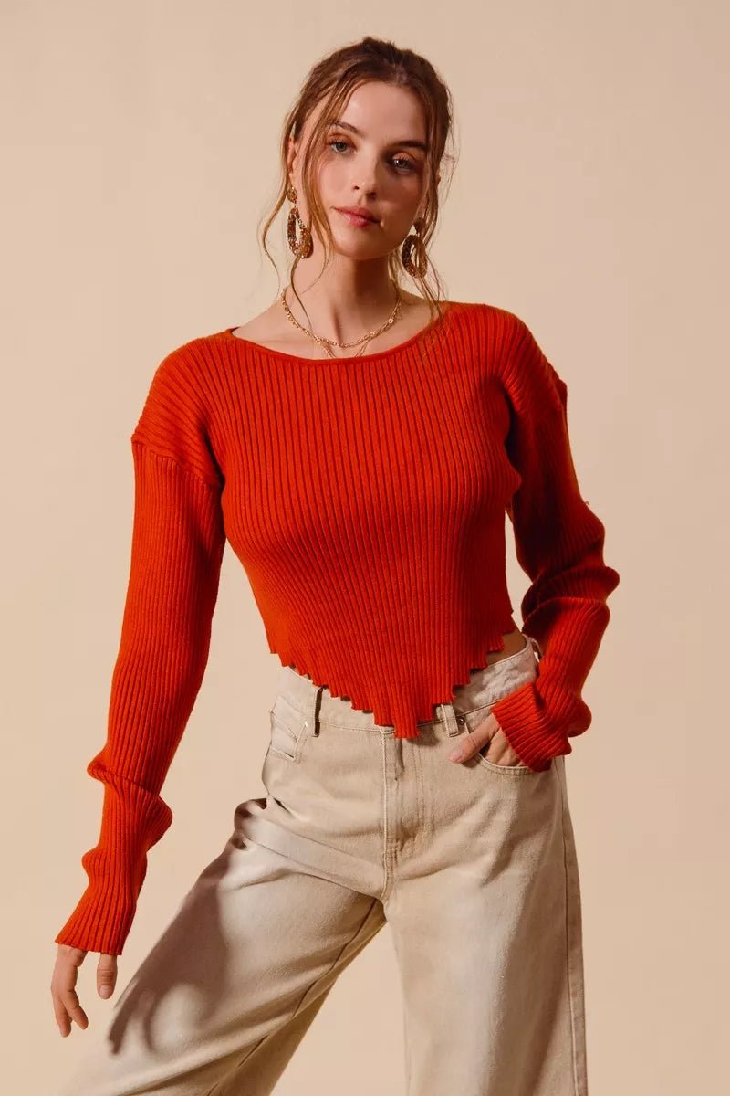 SO ME Rib Knitted Crop Sweater Top With Shaped Hem - Bitsy Gypsy Boutique
