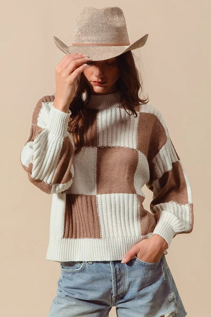 SO ME Ribbed Color Block Checkered Plaid Sweater - Bitsy Gypsy Boutique