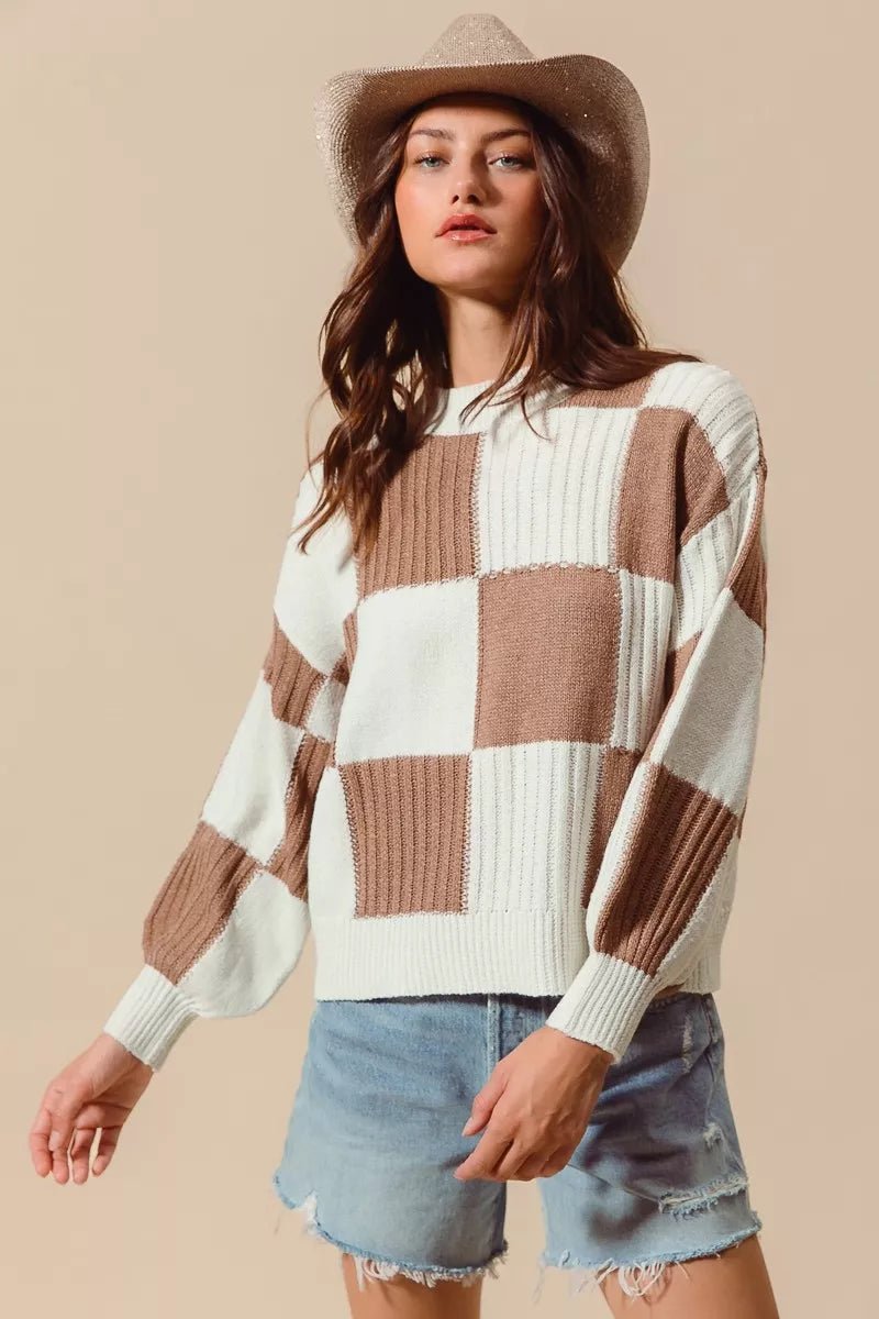 SO ME Ribbed Color Block Checkered Plaid Sweater - Bitsy Gypsy Boutique