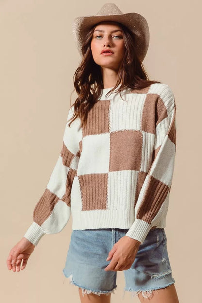 SO ME Ribbed Color Block Checkered Plaid Sweater - Bitsy Gypsy Boutique