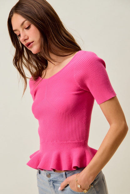 SO ME Ribbed Knit Short Sleeves Peplum Sweater Top - Bitsy Gypsy Boutique