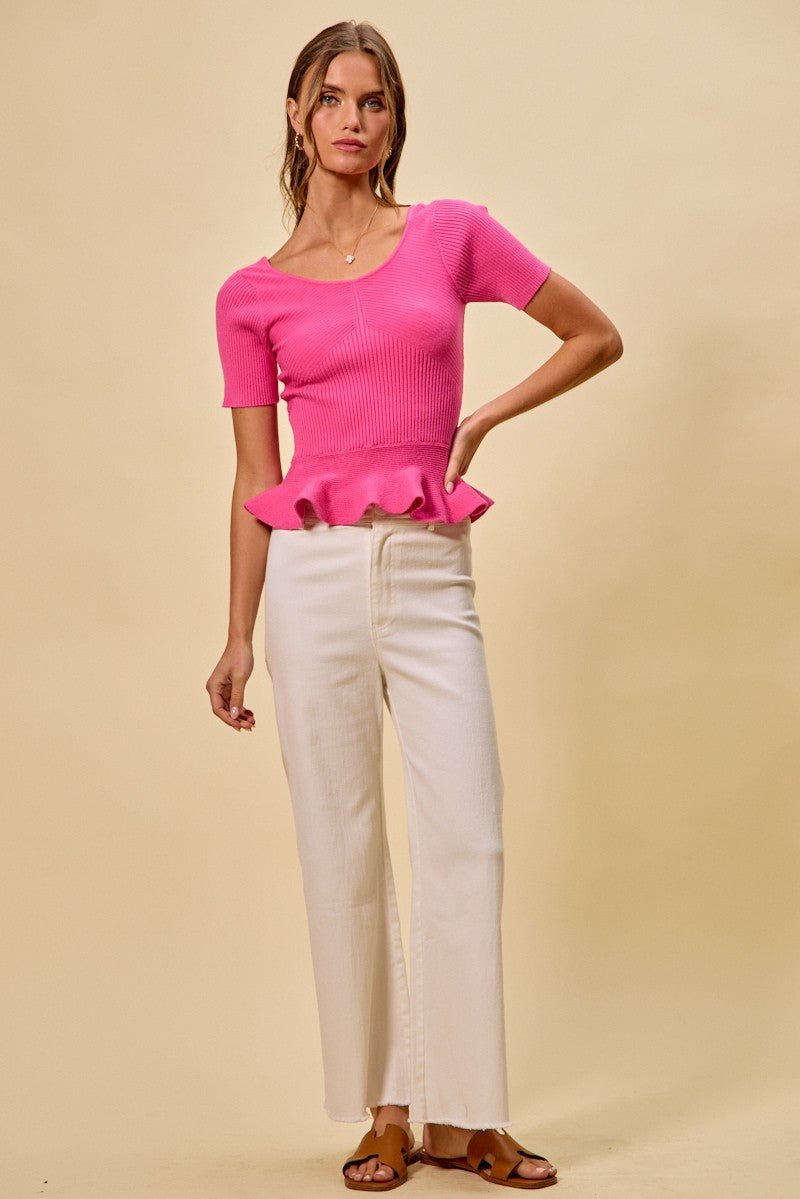 SO ME Ribbed Knit Short Sleeves Peplum Sweater Top - Bitsy Gypsy Boutique