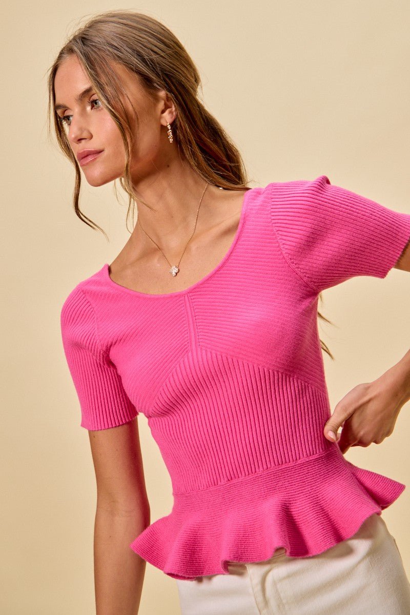 SO ME Ribbed Knit Short Sleeves Peplum Sweater Top - Bitsy Gypsy Boutique