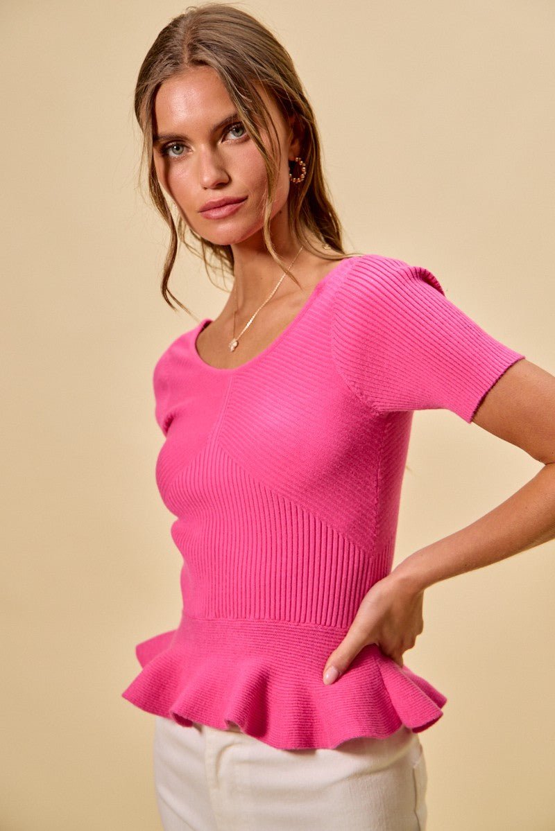 SO ME Ribbed Knit Short Sleeves Peplum Sweater Top - Bitsy Gypsy Boutique