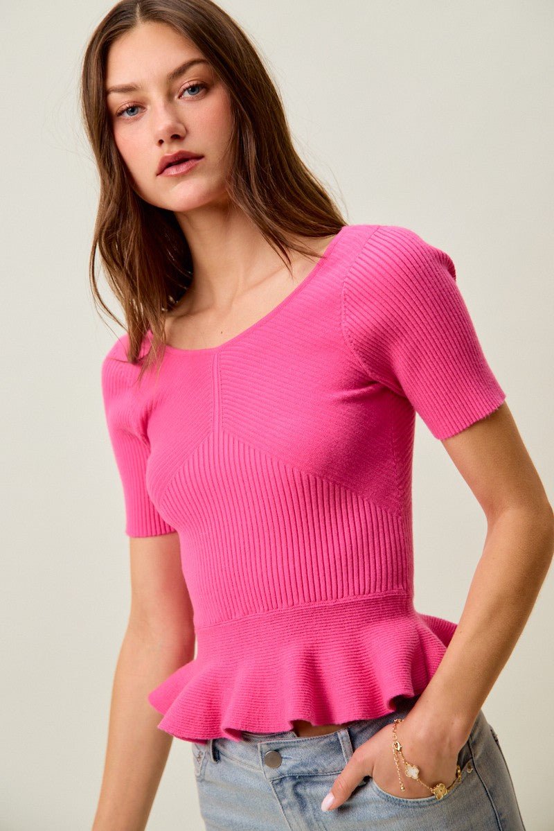 SO ME Ribbed Knit Short Sleeves Peplum Sweater Top - Bitsy Gypsy Boutique