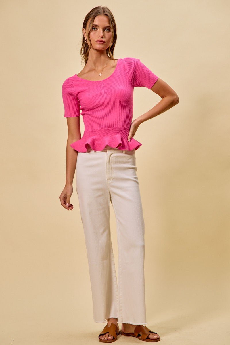 SO ME Ribbed Knit Short Sleeves Peplum Sweater Top - Bitsy Gypsy Boutique