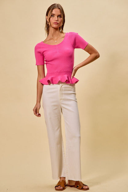 SO ME Ribbed Knit Short Sleeves Peplum Sweater Top - Bitsy Gypsy Boutique