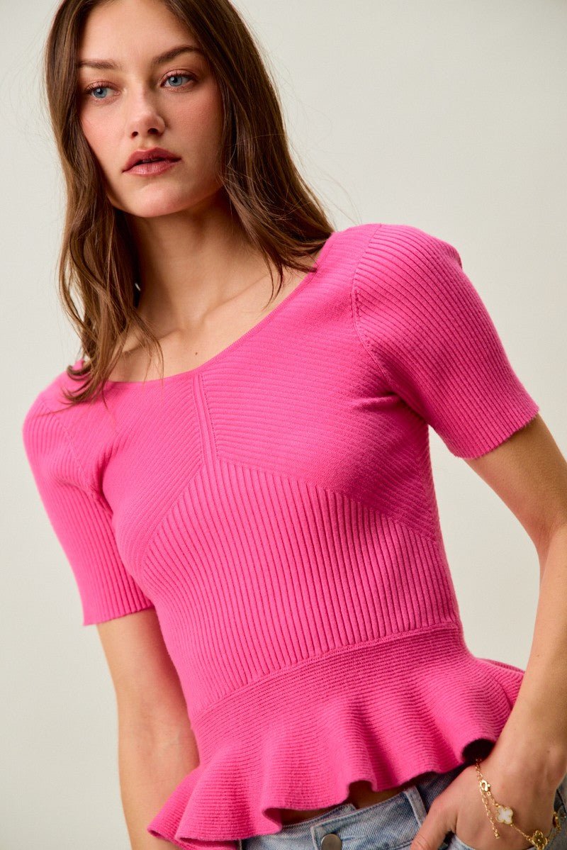 SO ME Ribbed Knit Short Sleeves Peplum Sweater Top - Bitsy Gypsy Boutique