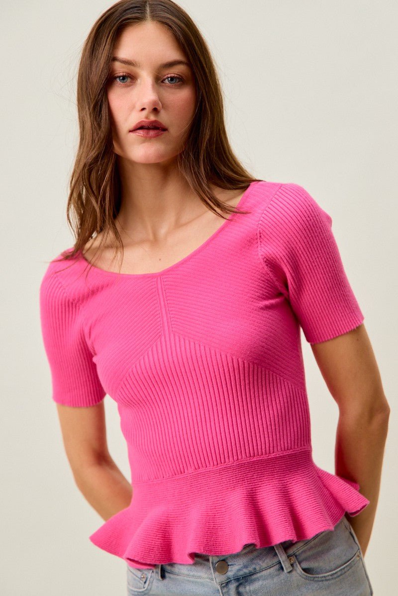 SO ME Ribbed Knit Short Sleeves Peplum Sweater Top - Bitsy Gypsy Boutique