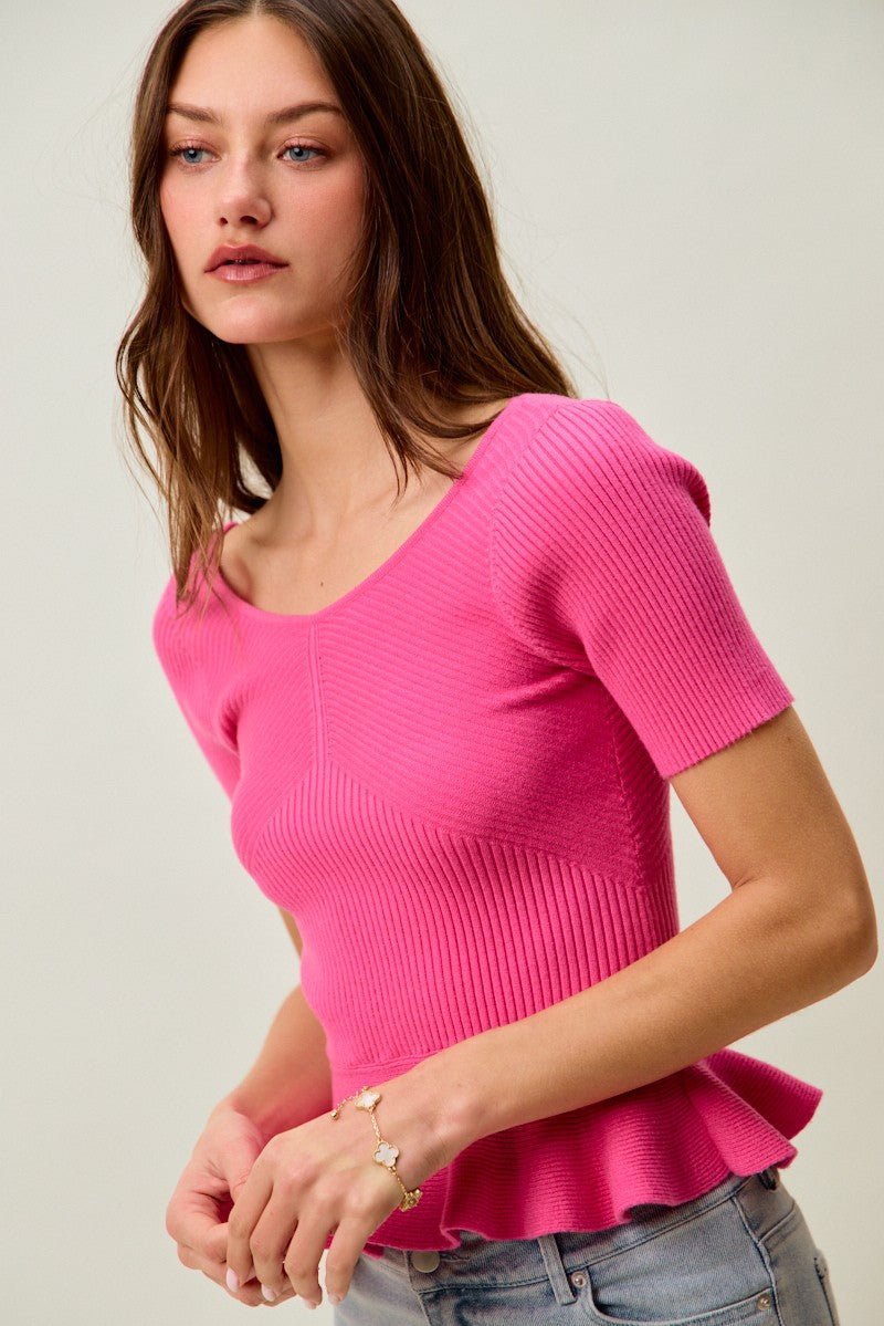 SO ME Ribbed Knit Short Sleeves Peplum Sweater Top - Bitsy Gypsy Boutique