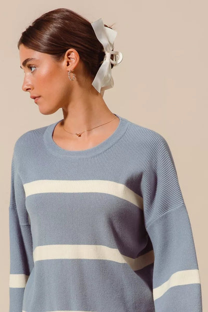 SO ME Ribbed Striped Round Neck Sweater - Bitsy Gypsy Boutique
