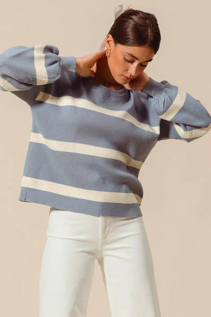 SO ME Ribbed Striped Round Neck Sweater - Bitsy Gypsy Boutique