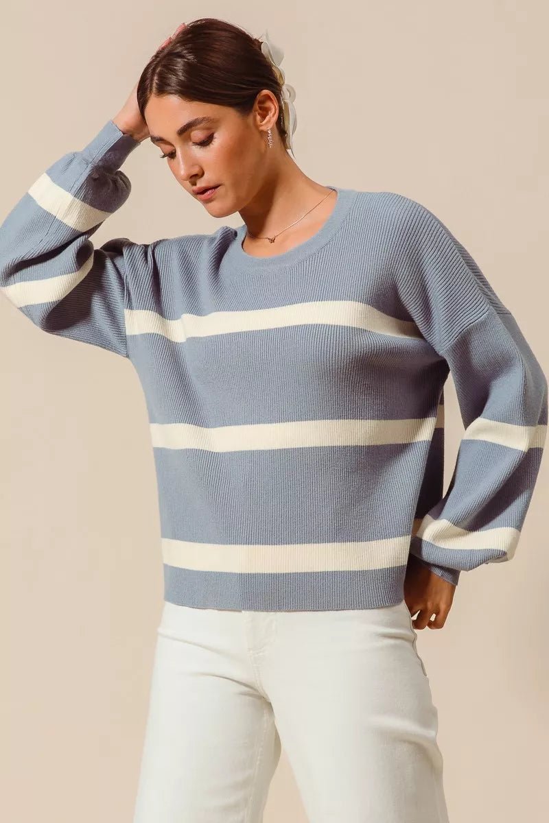 SO ME Ribbed Striped Round Neck Sweater - Bitsy Gypsy Boutique
